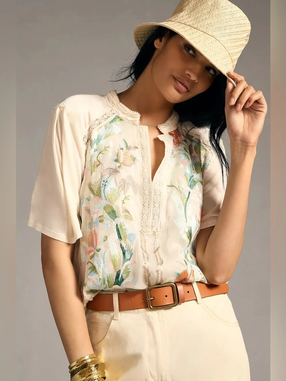 TINY Eliana Cream Embroidered Floral Short-Sleeve Blouse - Picture 1 of 13